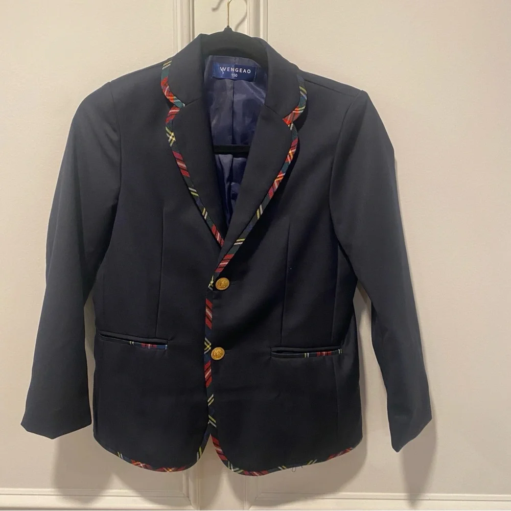 Wengeao Navy Blue‎ Boys Blazer Jacket Size 150 Plaid Trim Gold Buttons